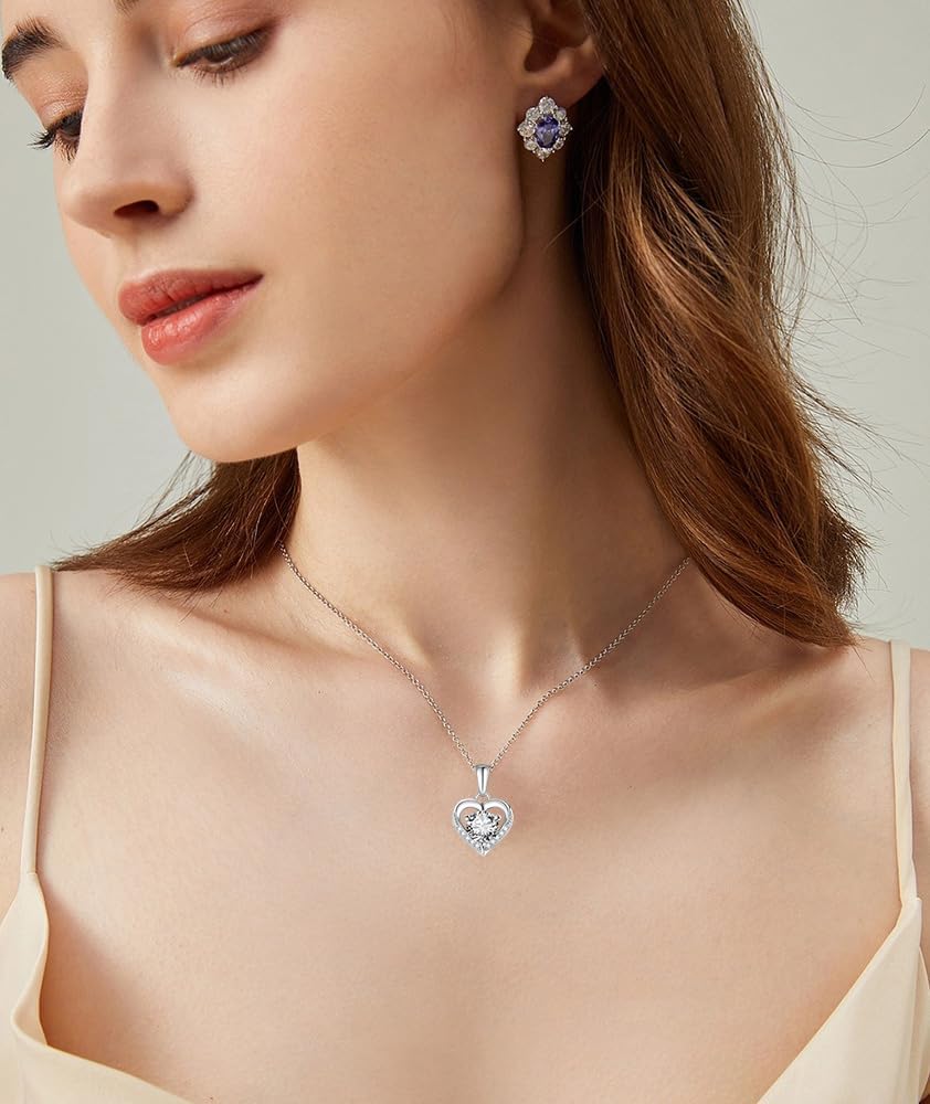 Heart Necklace for Women,925 Sterling Silver Birthstone Pendant, Sterling Silver Necklace Pendant with Titanium Steel Chain 18",Women's Jewelry Gift for Birthday - Image 4