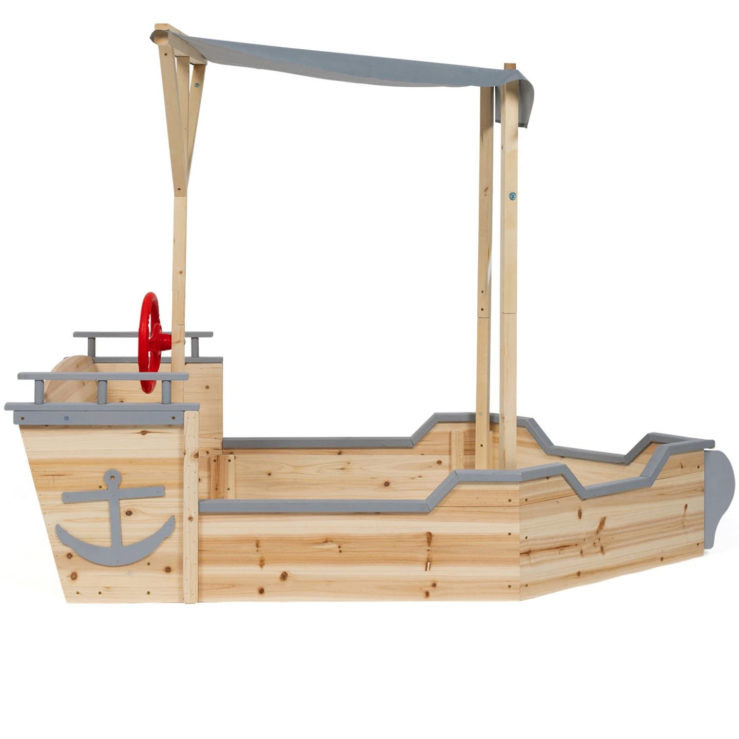IDMarket - Bac à Sable World Bois Bateau de Pirate avec Banc Coffre et Toit Gris