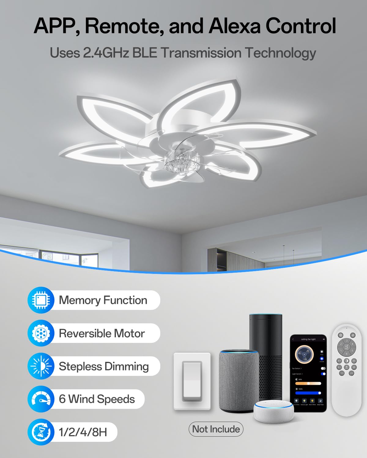 Lampadario Intelligente con Ventilatore e Controllo Alexa, Nessun WiFi Richiesto, Plafoniera con Ventilatore Design Moderno a Fiore, Lampadario Ventola per Camera da Letto, Soggiorno, Bianco