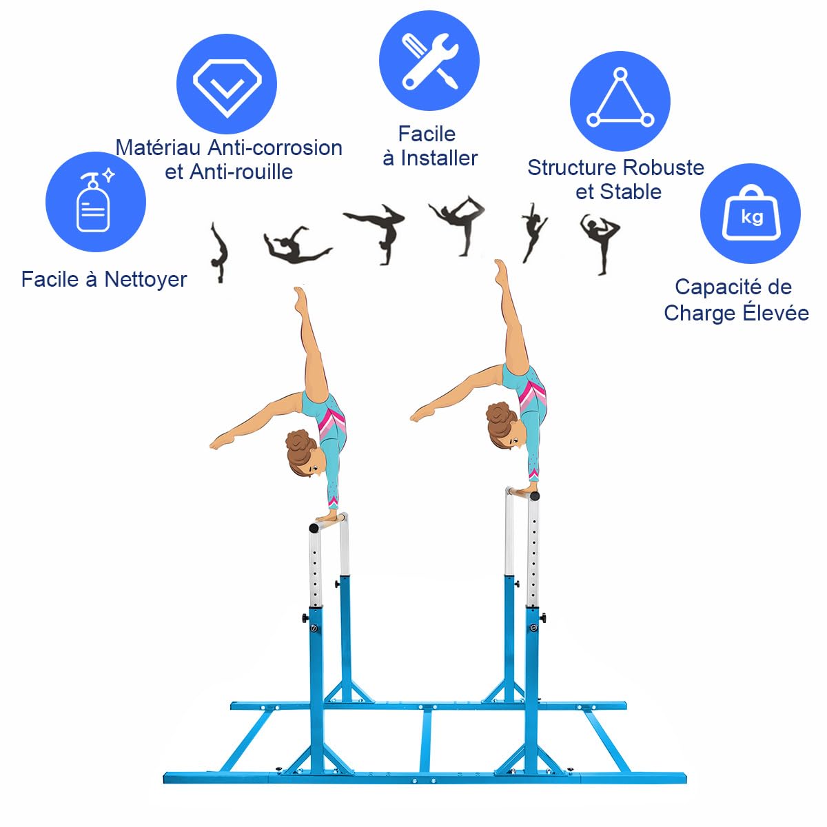 COSTWAY Barres Parallèles de Gymnastique Hauteur Réglable 11 Niveaux, Double Barre Gymnastique à Largeur Réglable Charge 100KG, Entraînement pour Enfants 6 à 12 Ans