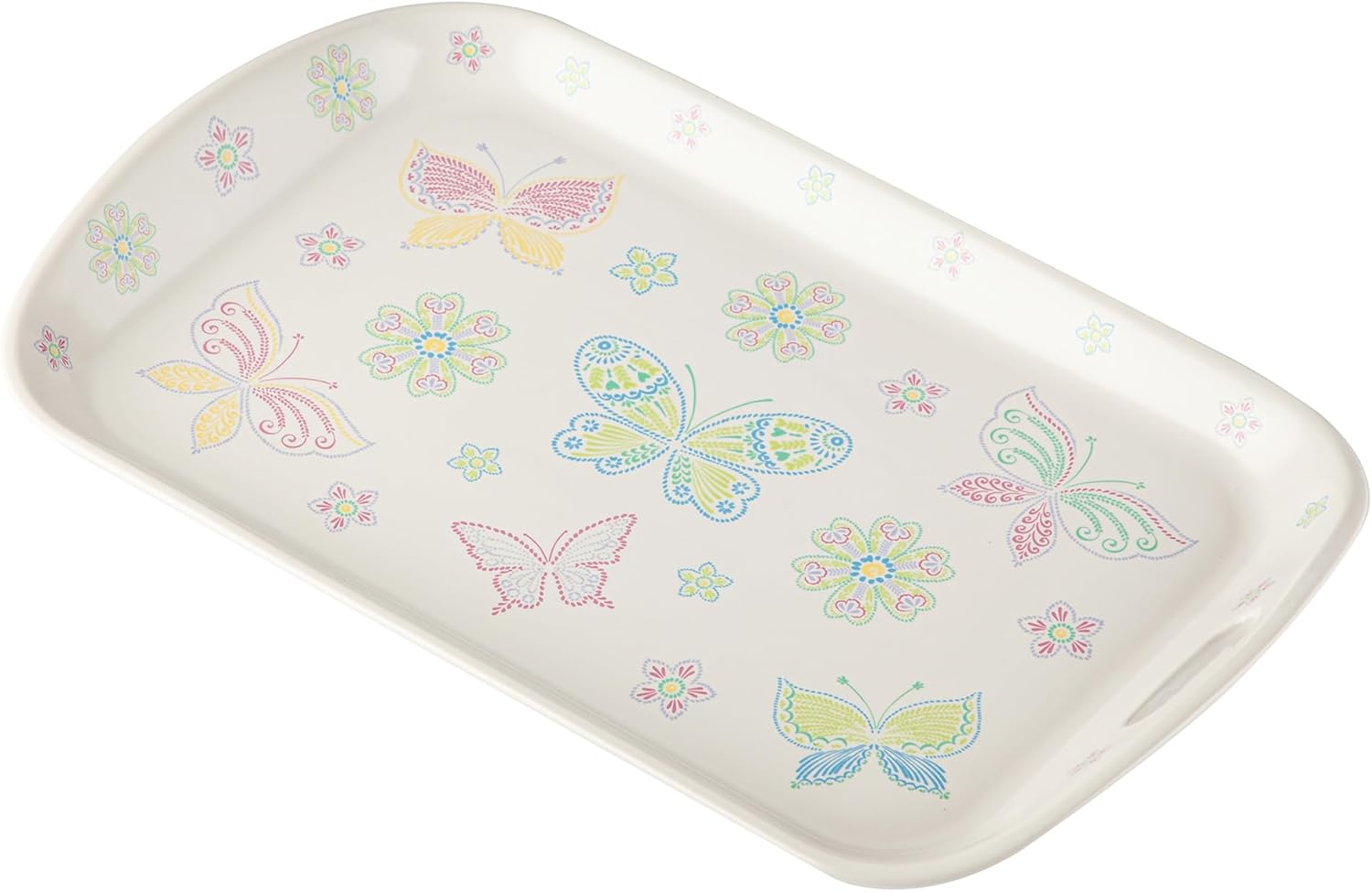Temp-tations by Tara Serving Tray with Handles in Colorful All A-Flutter - 16" Large Coffee Table Trays, Ceramic Stoneware Serving Platter for Ottoman, Decorative Platters for Home Decor, Bar, Dinner