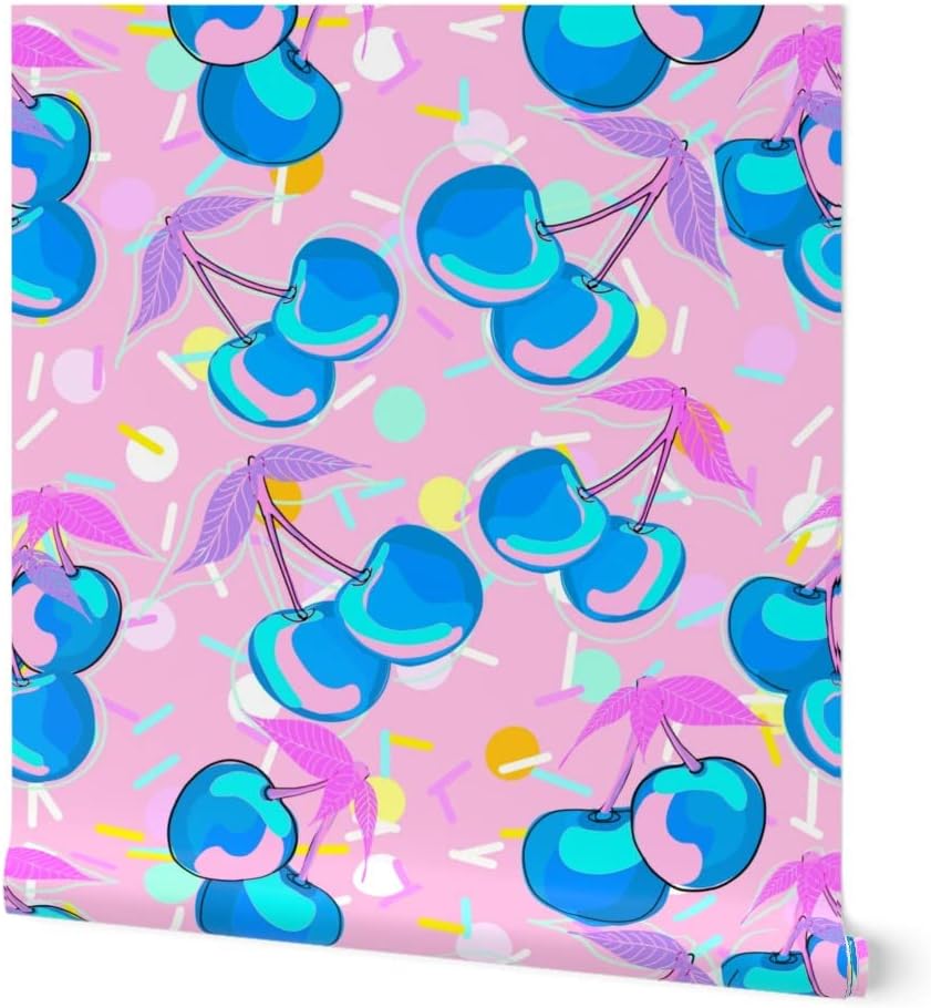 Spoonflower Peel & Stick Wallpaper Swatch - Cartoon Cherries Bright Colors Pink Blue Neon Look Girly Digital Sprinkles Feminine Cute Girl Custom Removable Wallpaper