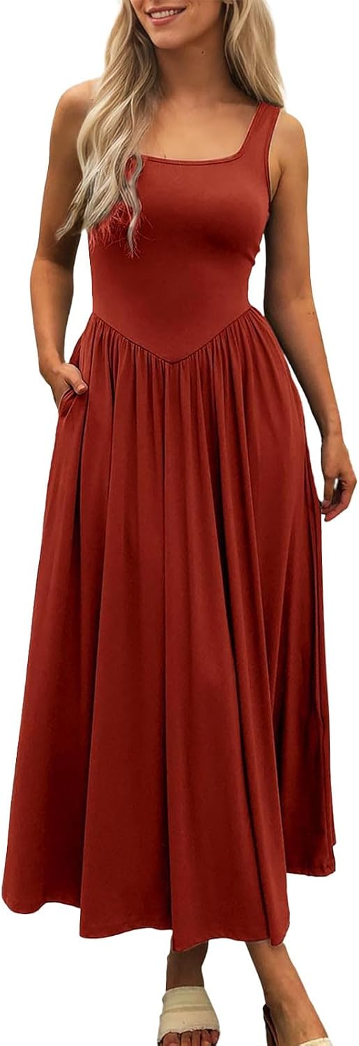 Women's Summer Maxi Dress 2025, Sleeveless Square Neck Casual Beach Sundress with Pockets, Flowy Patchwork Knit
