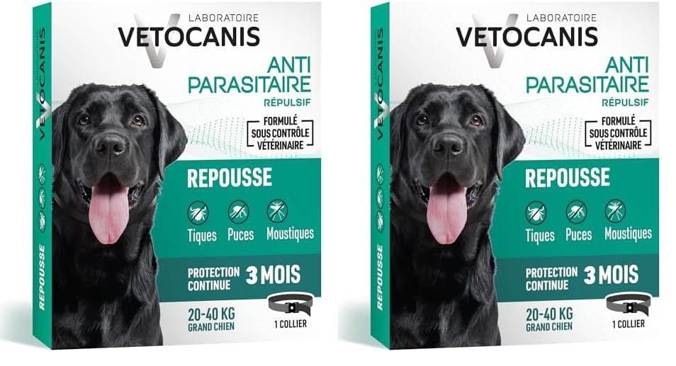 Vétocanis - Collier Répulsif Puces Tiques Moustiques - Protection 3 Mois - Grand Chien 20 à 40 kg - Extraits Naturels Margosa et Lavandin (Lot de 2)