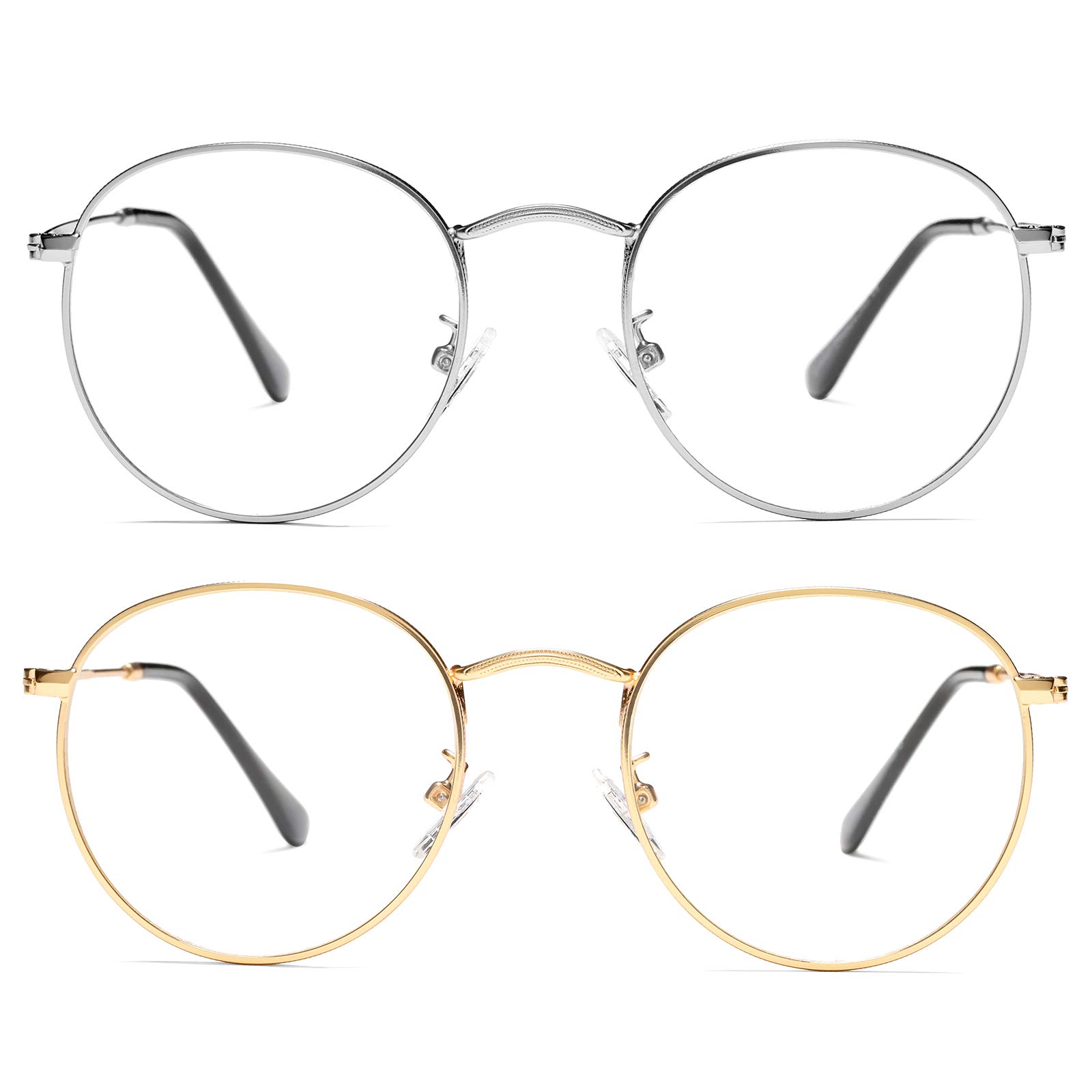 Braylenz Vintage Round Metal Glasses Frame with Clear Lens, 2 Pack Women Men Non-Prescription Eyeglasses(Silver+Gold)