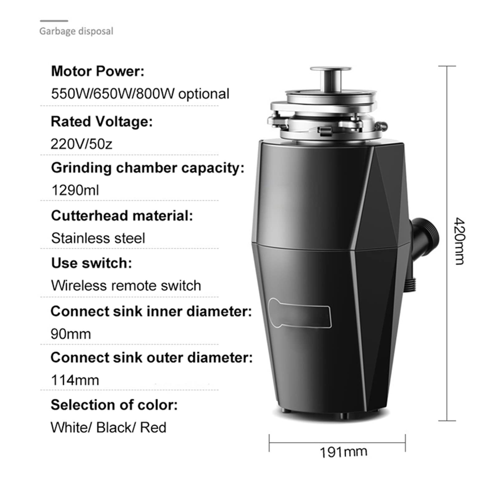 Triturador de Basura con Control Remoto, recogedor de Alimentos, triturador de residuos, procesador de Cocina, triturador de residuos, Cuchilla de Acero Inoxidable (650 W, Blanco)