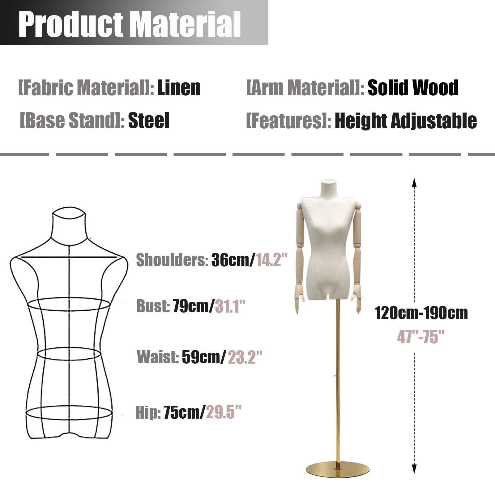 Maniquíes Maniqui Costura Mujer, Altura Ajustable Maniquí Femenino Costura con Brazo Madera Desmontable, Busto Señora Maniquies Torso for Joyerías Tiendas Ropa(D)