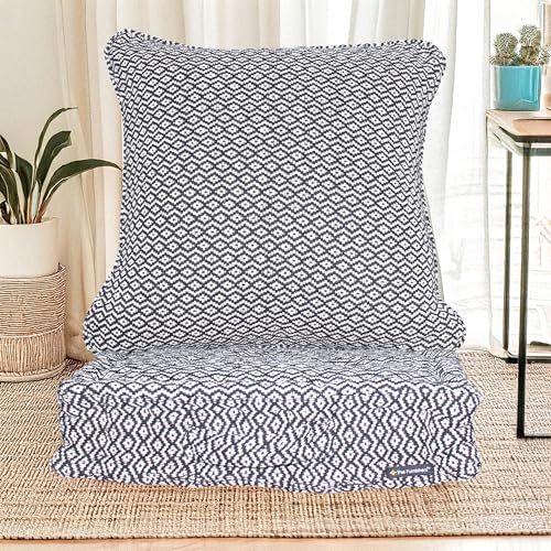 Image of Cotton Fill Woven Quilted Floor Cushion Set 50x50x10 CM Black Argyle with Fillers & Back Cushion,Large Size for Seating,Patio Seat,Meditation,Yoga,Pooja,Guests,Living 20x20x4 Inch