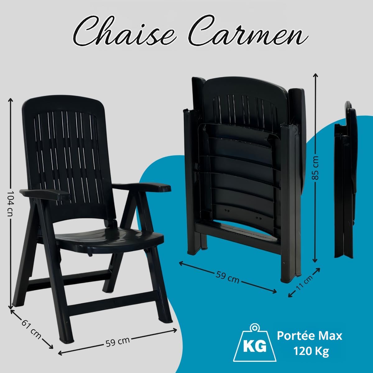 Tomaino Chaise longue de jardin pliante en plastique - Fauteuil pour extérieur, maison, camping inclinable - 5 positions - Avec accoudoirs (Noir)
