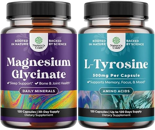 Miniatura 1 de Paquete de cápsulas de glicinato de magnesio de 400 mg y potente L tirosina 500 mg cápsulas - para apoyo al sueño, salud ósea, recuperación