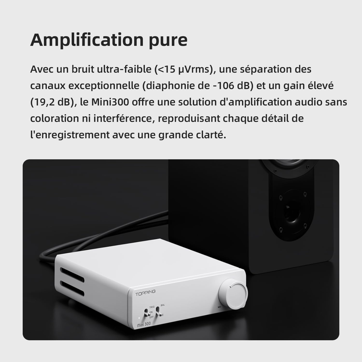 Topping Mini300 Amplificateur de bureau entièrement symétrique 140 W Compact Classe D Amplificateur de bureau avec entrée RCA/TRS, amplificateur Hi-Fi pour enceintes domestiques, argenté