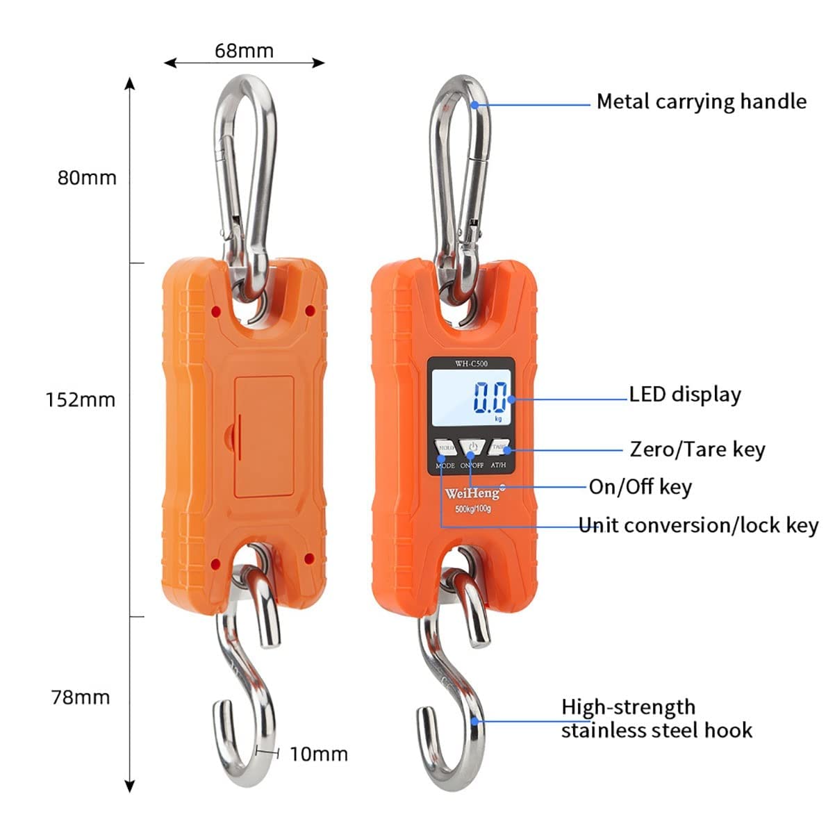 Gepäckwaage, Kofferwaage, 500 kg Mini-Kranwaage, tragbare 1000 Pfund, robuste digitale Hängewaage mit LCD-Display (Farbe: Schwarz, Größe: 500 kg/200 g) (Farbe: Oranje, Größe: 500 kg/2