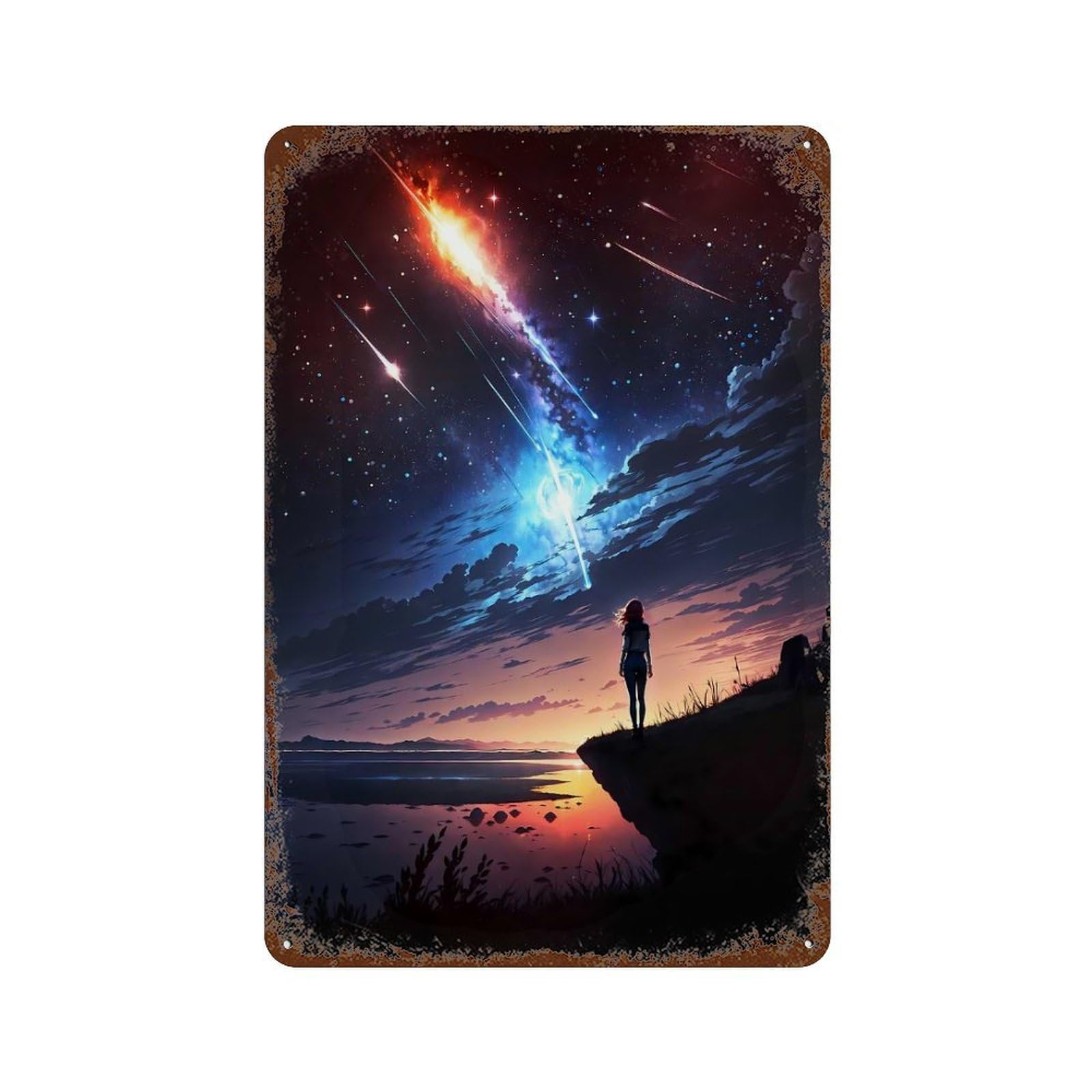 Rustic Tin Plaque Girl Watching Meteors Shower at Night 11.8"x7.9", Retro Wall Decor for Shed, Workshop And Garage Wall Decor