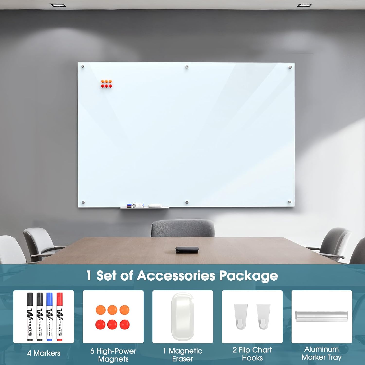 MaxGear Glass Whiteboard Wall Mounted, Frameless Magnetic Dry Erase Board, Tempered Glass, Steel-Backed, Non-Porous Smooth Surface, Floating Design, Accessories Included, for Office Home Classroom