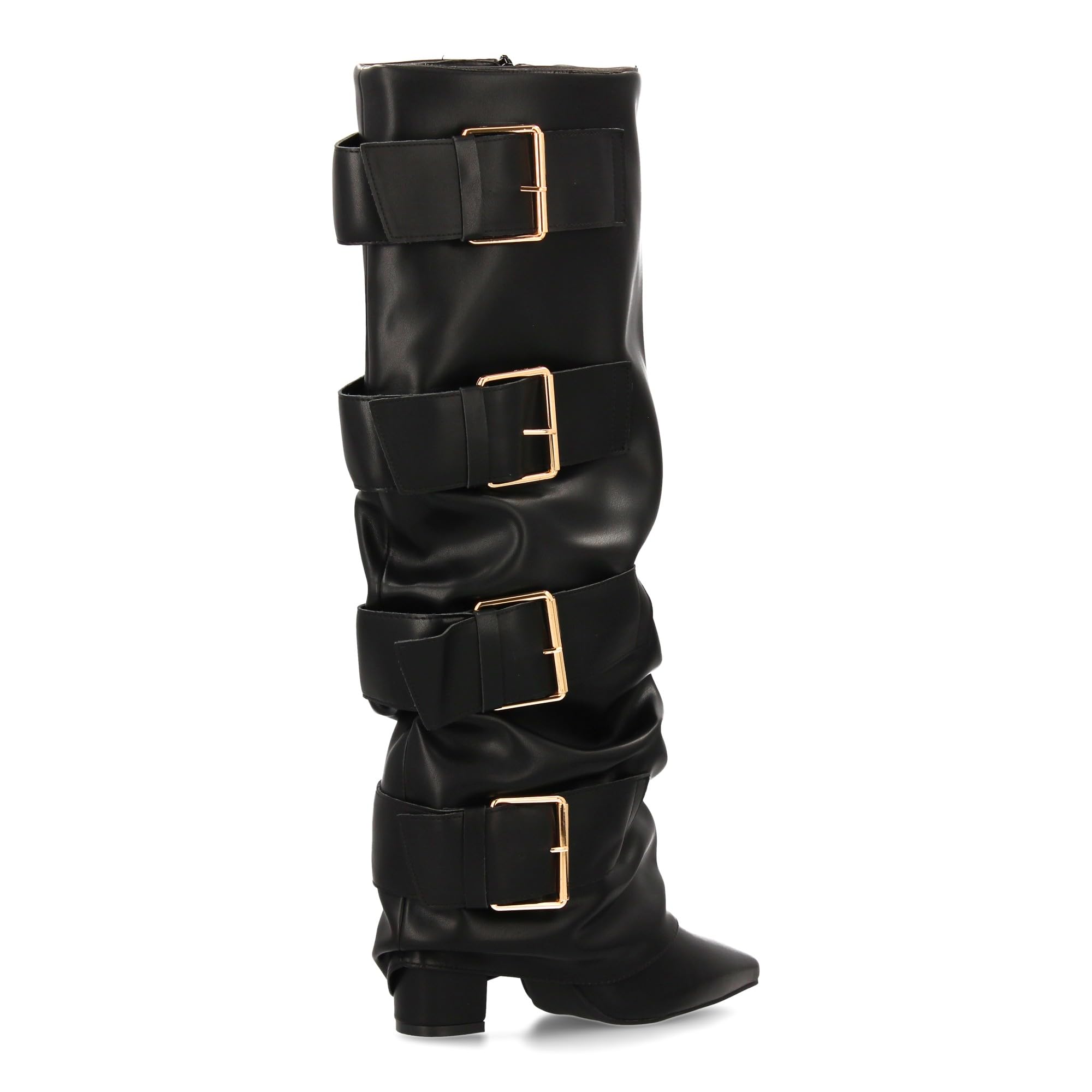 Botas Altas para Mujer con Hebillas y Efecto de Forro. Punta Fina y Tacon Comodo, Estilo Moderno y Elegante, Ideal para la Temporada Otono Invierno.