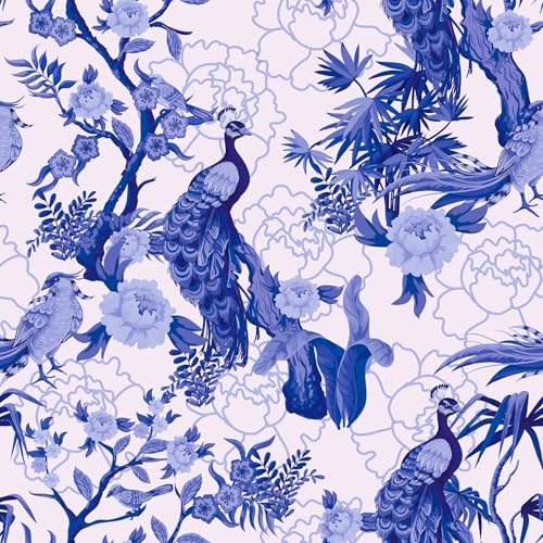 CRE8TIVE Papel Pintado Flores Autoadhesivas con Pavos Reales y Hojas Tropicales Azul Sobre Beige Hojas Vintage 30,5 x 300 cm Vinilo Flor Papel Pintado para Sala de Estar Dormitorio Lámina Encimera