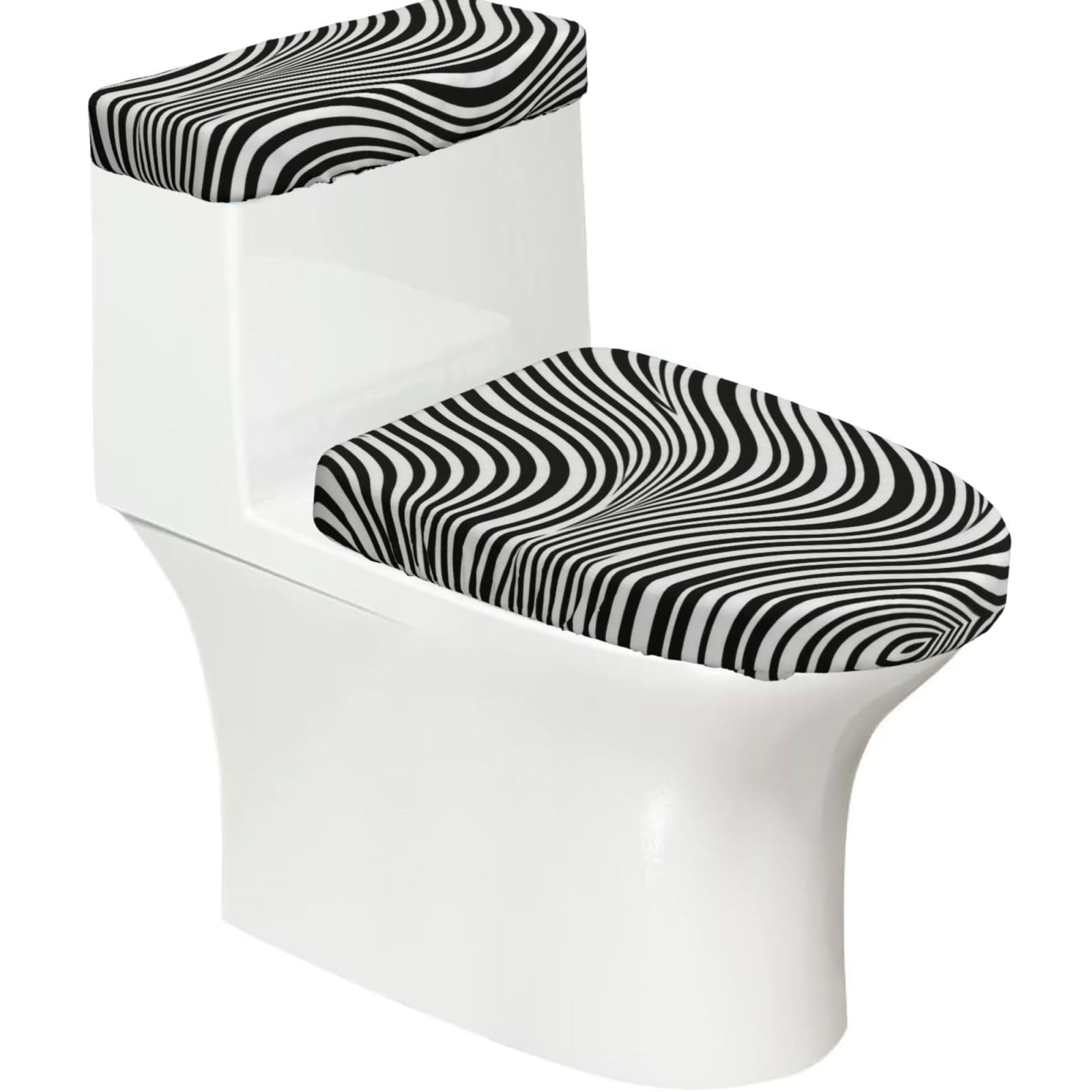 Wave Stripe Elastic Toilet Cover Set of 2-Stretchy Lid and Tank Covers for Bathroom, Soft Washable U Shape Toilet Decor