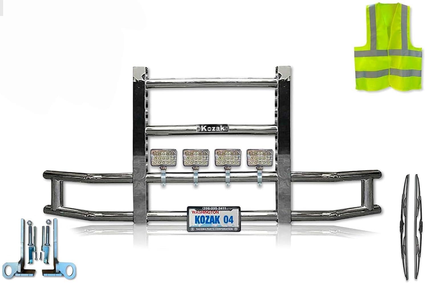 Compatible with Peterbilt 579 2013-2020 Steel Truck Bumper Guard - Deer Guard, 4x 6 inch 60 LED Headlight, 2x22 inch Windshield Wipers, License Plate Holder & Frame, Mounting Brackets, Vest