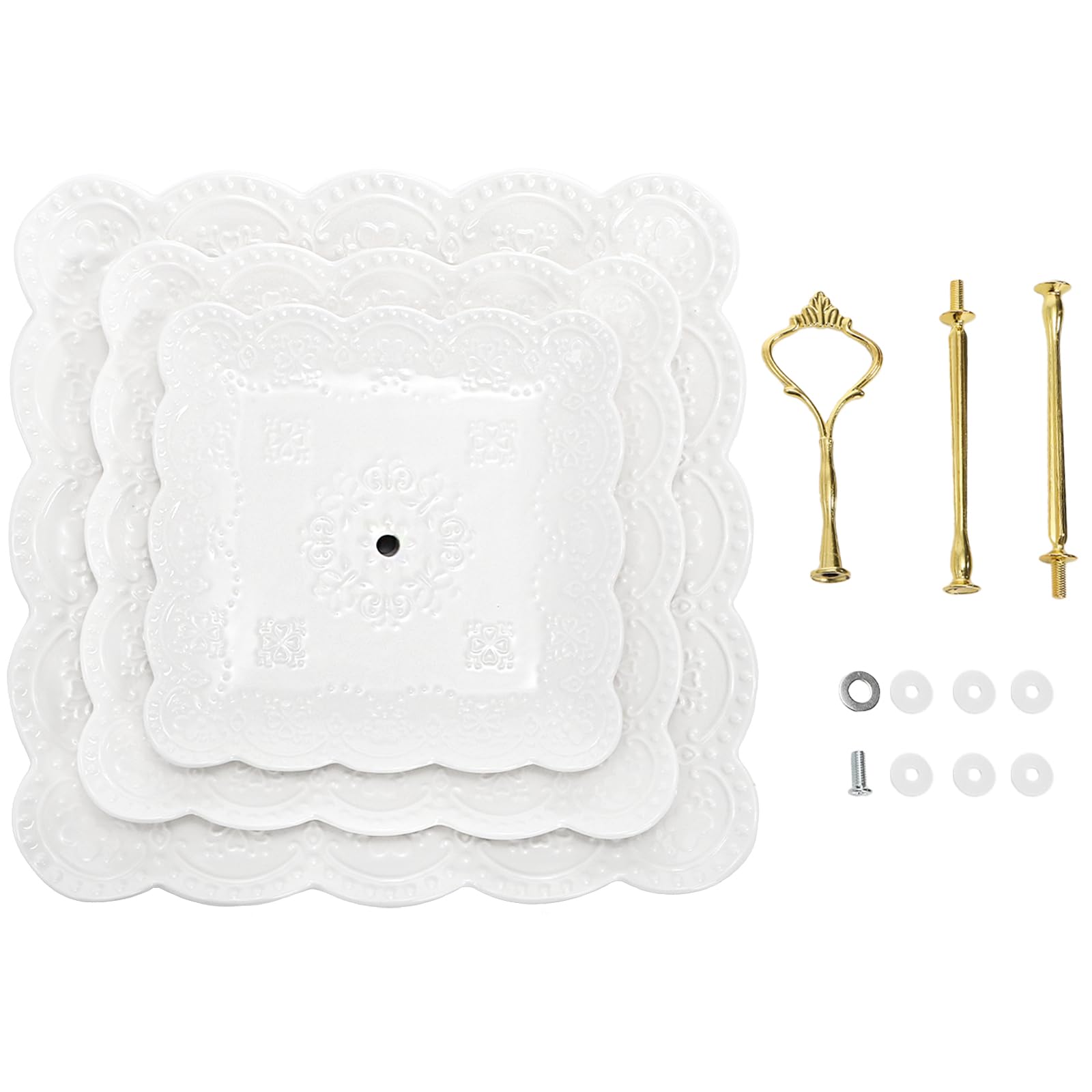 Tebery Lot de 2 présentoirs à gâteaux en céramique blanche à 3 étages avec poignée de transport dorée