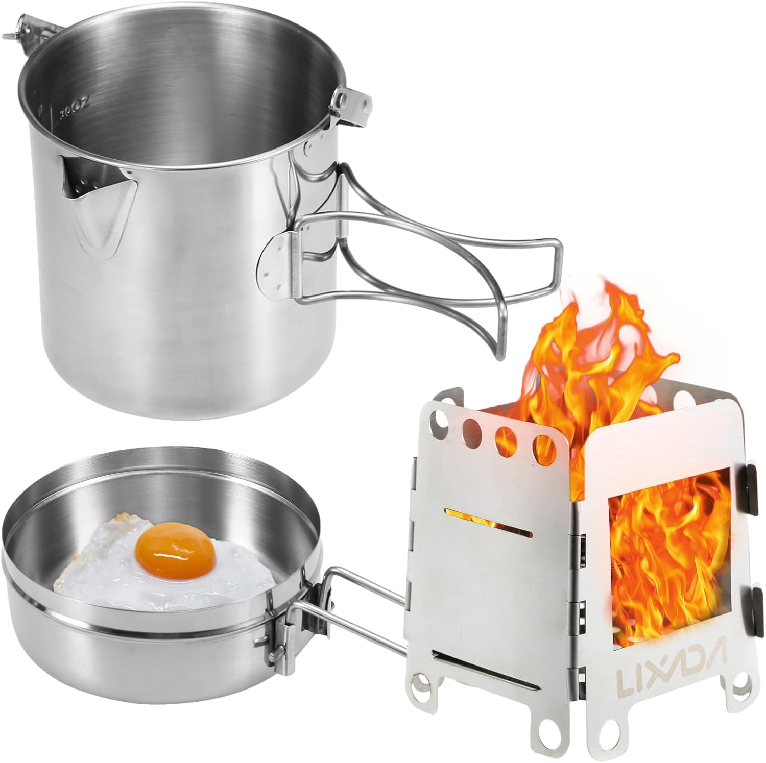 Lixada Camping Cooking Kettle 1L Stainless Steel Pot with Camping Wood Stove Folding Lightweight for Hiking Backpacking Picnic