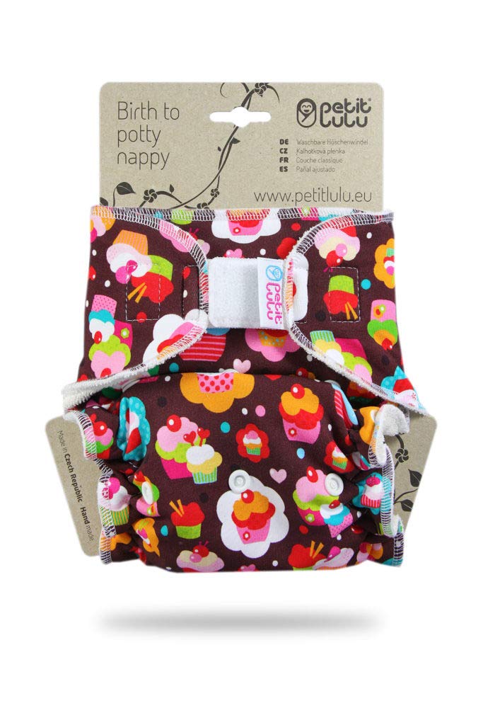 Petit Lulu Night Nappy, Maxi Night Nappy (7-16 kg) Velcro, Bamboo & Organic Cotton Cloth Nappies, Made in Europe (Cupcakes)