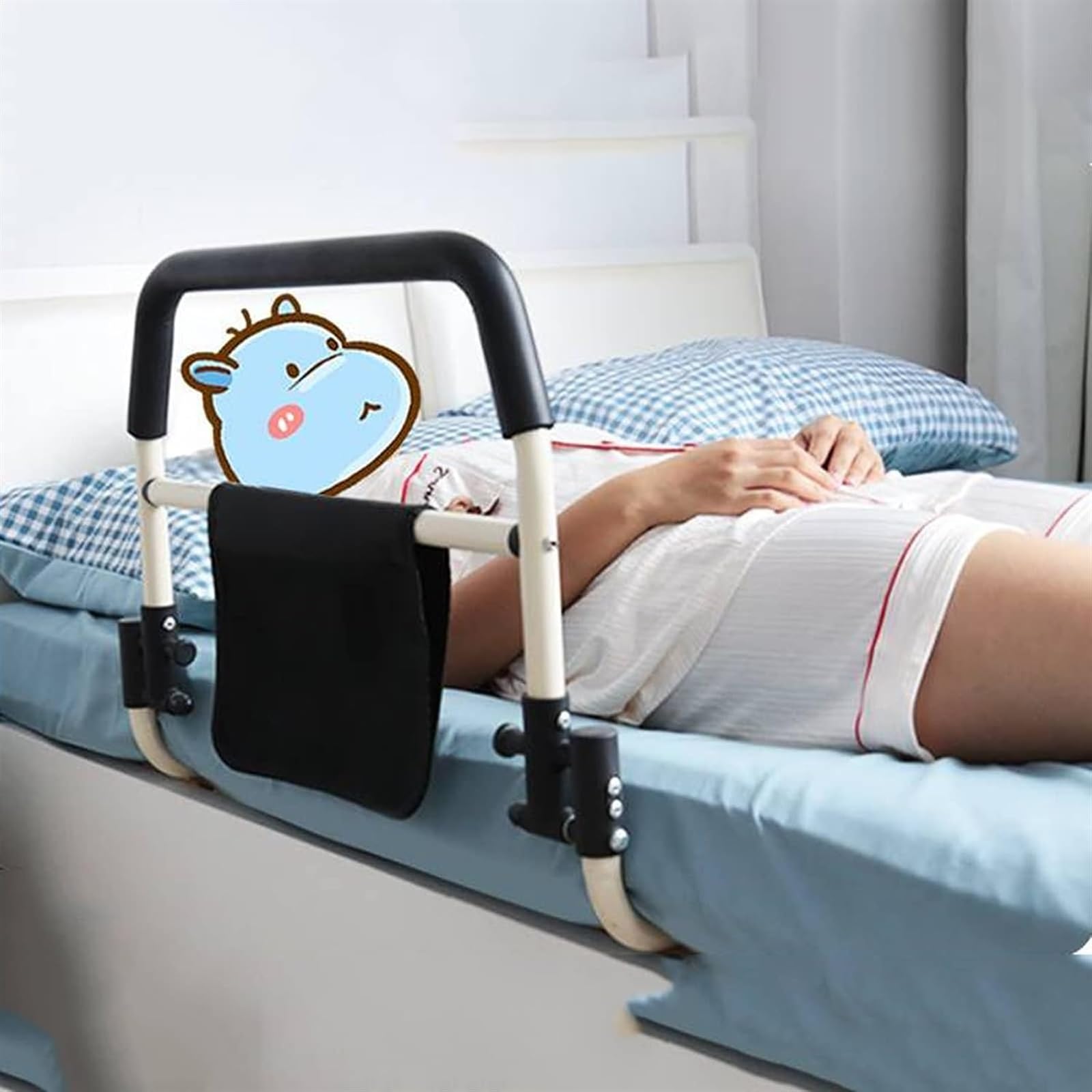 Sponde for letti medici con tasca portaoggetti Anziani Adulti Maniglia pieghevole for letto di sicurezza Comodino in acciaio inossidabile Prevenzione delle cadute La barra di sostegno può contenere 30