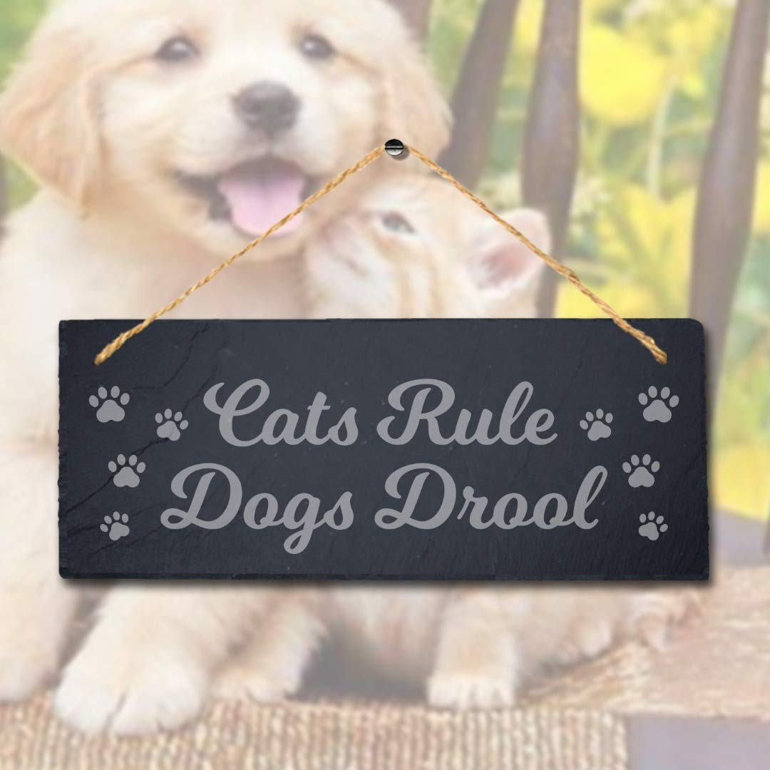 Stukk Pet Funny Laser Hanging Kitten Kennels Pup Puppy Home (Cats Rule Dogs Drool), Natural Engraved Slate Stone Plaque - Image 2