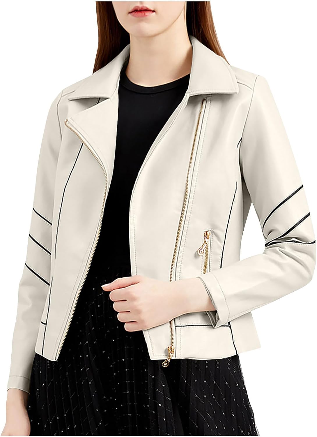 Women Faux Leather Bomber Jackets Full Zip Lapel Vintage Casual Moto Crop Coat Loose Long Sleeve Outerwear with Pockets