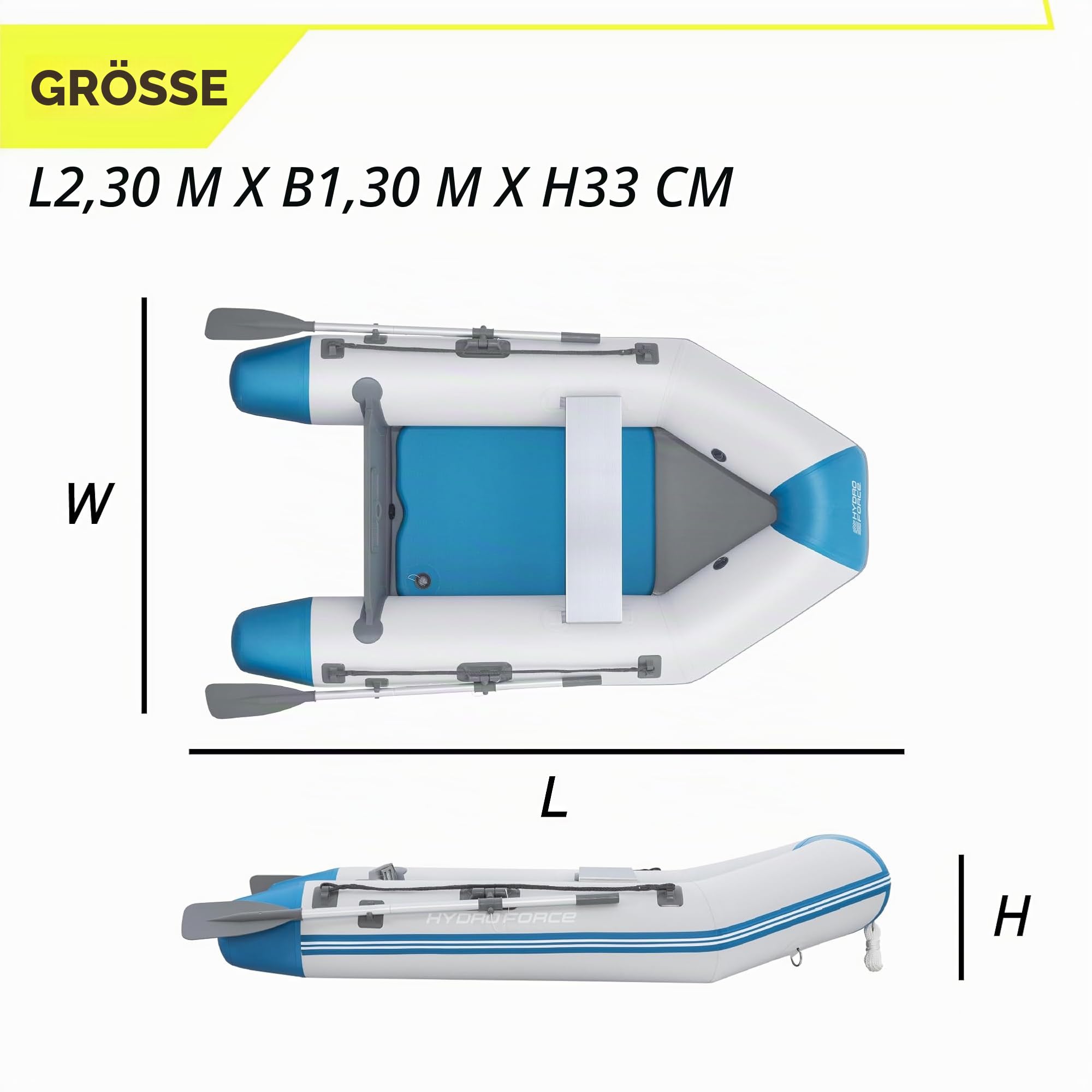 Bestway Hydro Force Sportboot-Set Caspian, 230 x 130 x 33 cm, 2 Erwachsene, bis 280 kg, 3 Luftkammern, TriTech-Material, Fester FortiFiber-Boden, Ruder, Pumpe, Aluminium-Sitzbank, Motorhalterung