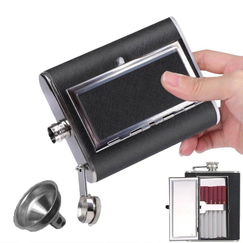 Casiler White/Black Stainless Steel Hip Flask, Leak-Proof Hidden Flask With Cigarette Case And Leather Wrapped Cover, Including A Funnel And Box