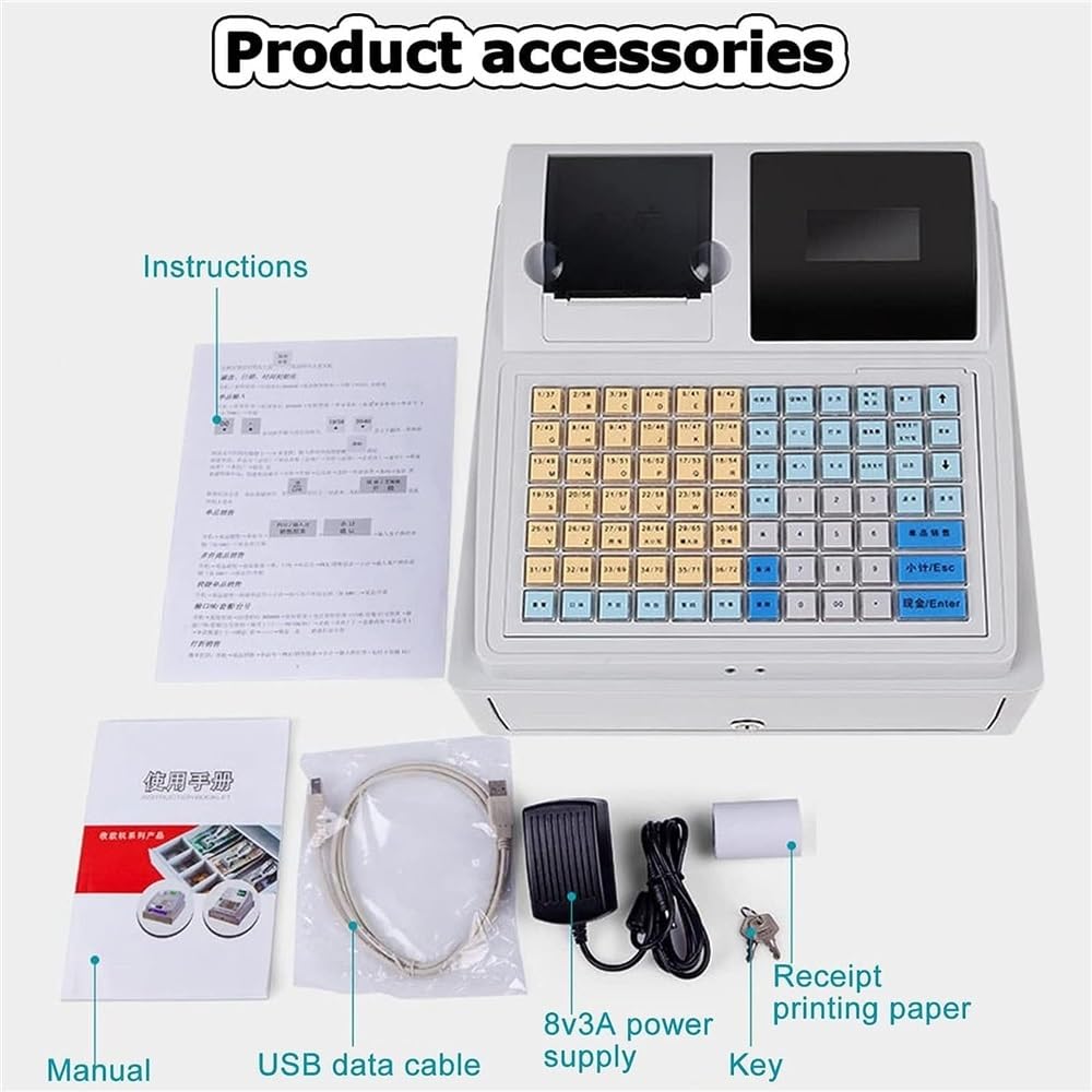 Caja registradora con Sistema POS, con Teclado Plano e Impresora térmica, multifunción, para Comercio minorista, supermercado y Restaurante.