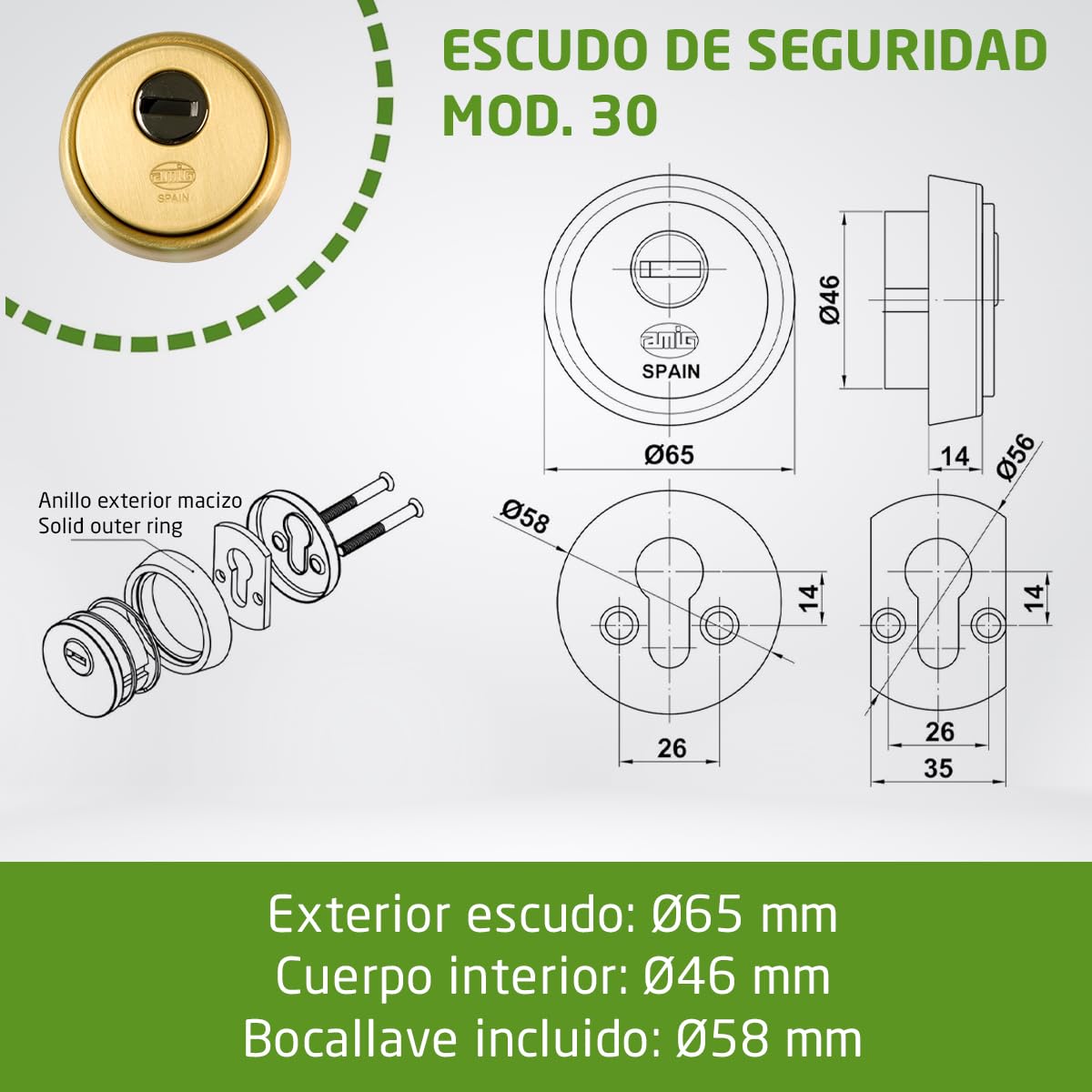 Amig - Escudo de seguridad Mod. 30 - Latón - Dorado - Anillo exterior macizo - Ø65 mm - Con placa antitaladro - Con tornillos y soporte - Para cilindro Europerfil EN1303 - Cuerpo acero sinterizado