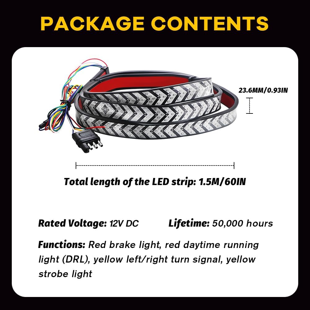 60x0.92 Inch Truck Tailgate Light Bar Arrowhead Tailgate LED Light Strip 5 Functions Red Running Brake Lights Amber Sequential Turn Signal Strobe Lights for Pickup SUV Trailer Car