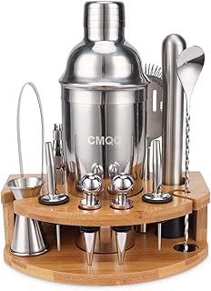 12-Piece Bartending Kit, Bar Bartender Tools with Stylish Bamboo Stand, for Home and Pub Martini Cocktail DIY Drink Shaker Bartender Kit Stainless Steel （ 25Oz ）-Silver