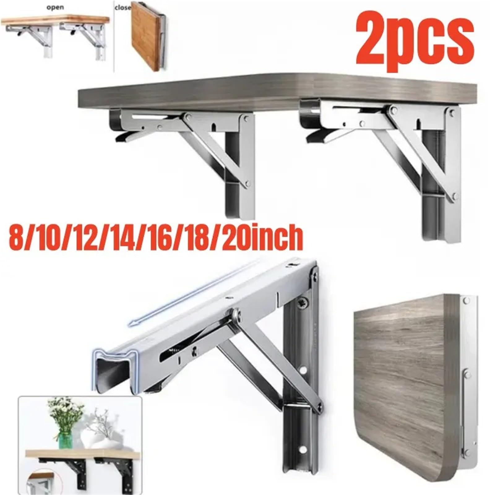 Escuadras Metalicas Estante de mesa de banco de pared ajustable con soporte pesado y ángulo plegable triangular de 2 piezas(Stainless 12inch)