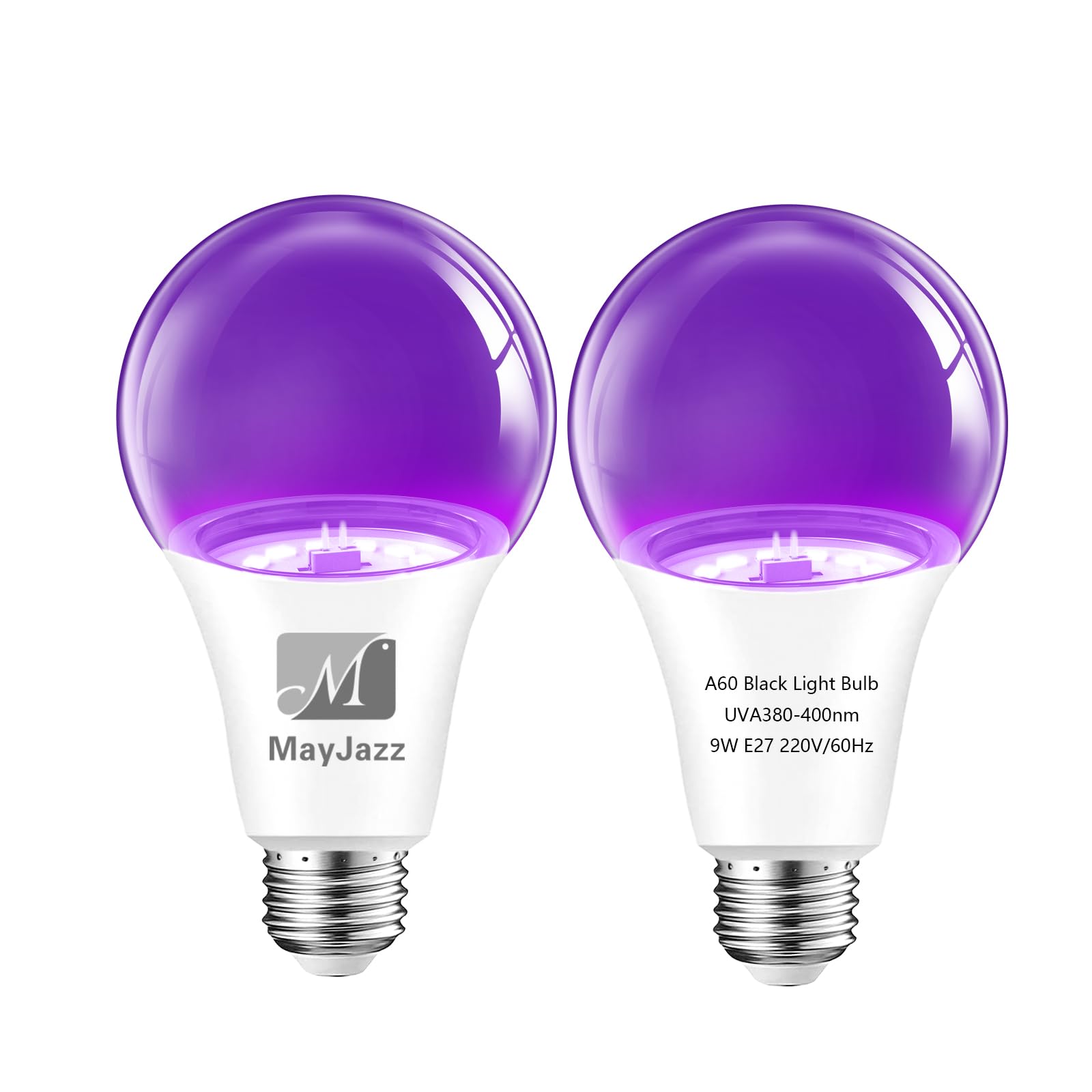 MayJazz UV Light Bulbs, A60 9W E27 Black Light Bulb (60Watt
