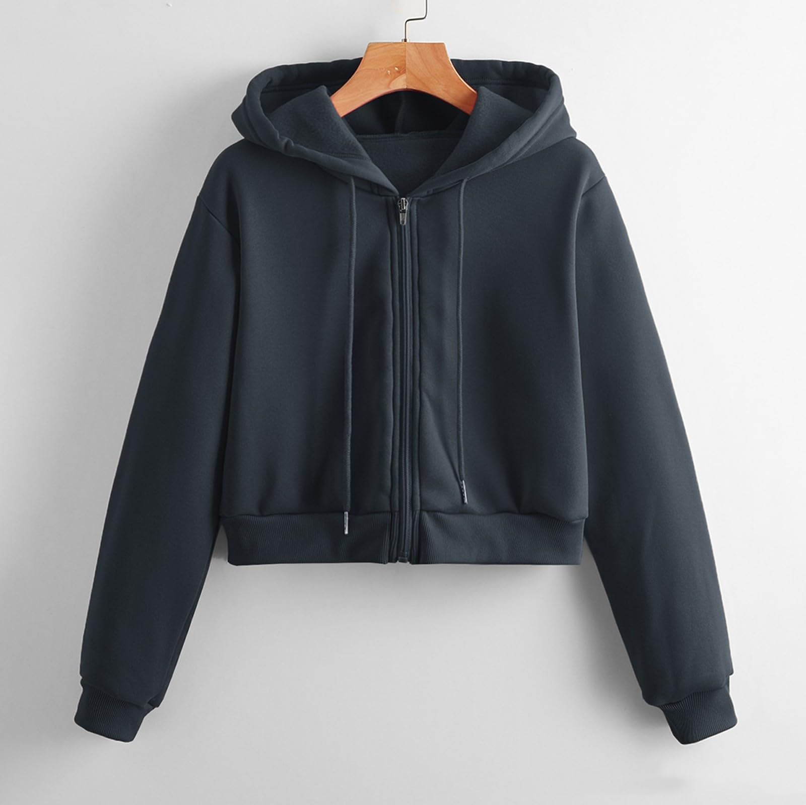 Generico Sweat-shirt court noir pour femme avec fermeture éclair – Sweat à capuche surdimensionné pour femme, doux, léger, gris, haut de sport, thermique, confortable, vêtements d'automne, mode, avec