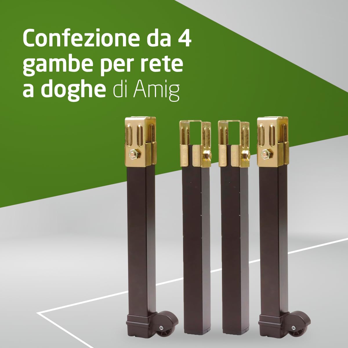 Amig - Set di 4 Gambe per Rete Letto - Quadrate in Acciaio - Colore Nero - Alta Resistenza - Gambe per Letto Fisse - 2 Gambe con Ruote - 270 x 30 x 30 mm