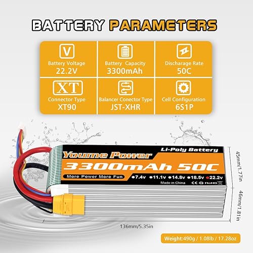 Miniatura 2 de 22.2V LiPo Battery 3300mAh,Lipo 6S Battery 50C XT90 Plug for RC Airplane RC Helicopter RC Quadcopter Drone Car Truck Boat Model(2 Packs)