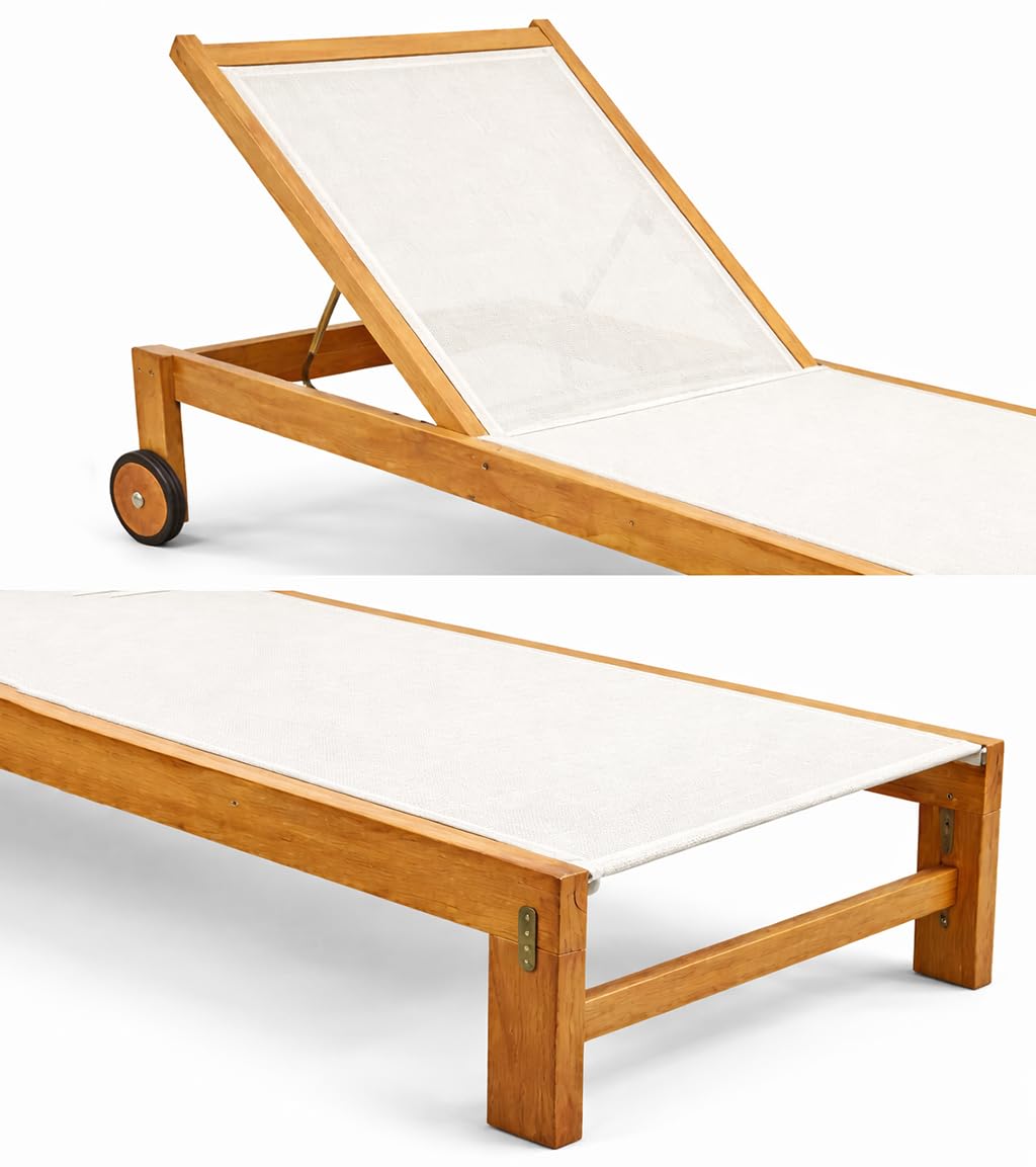 Set 2 Lettini Prendisole in Legno Teak con Ruote JAVA | Sdraio Giardino Reclinabile 4 Posizioni con Tela Traspirante | Lettini Piscina Outdoor Premium | (Beige)
