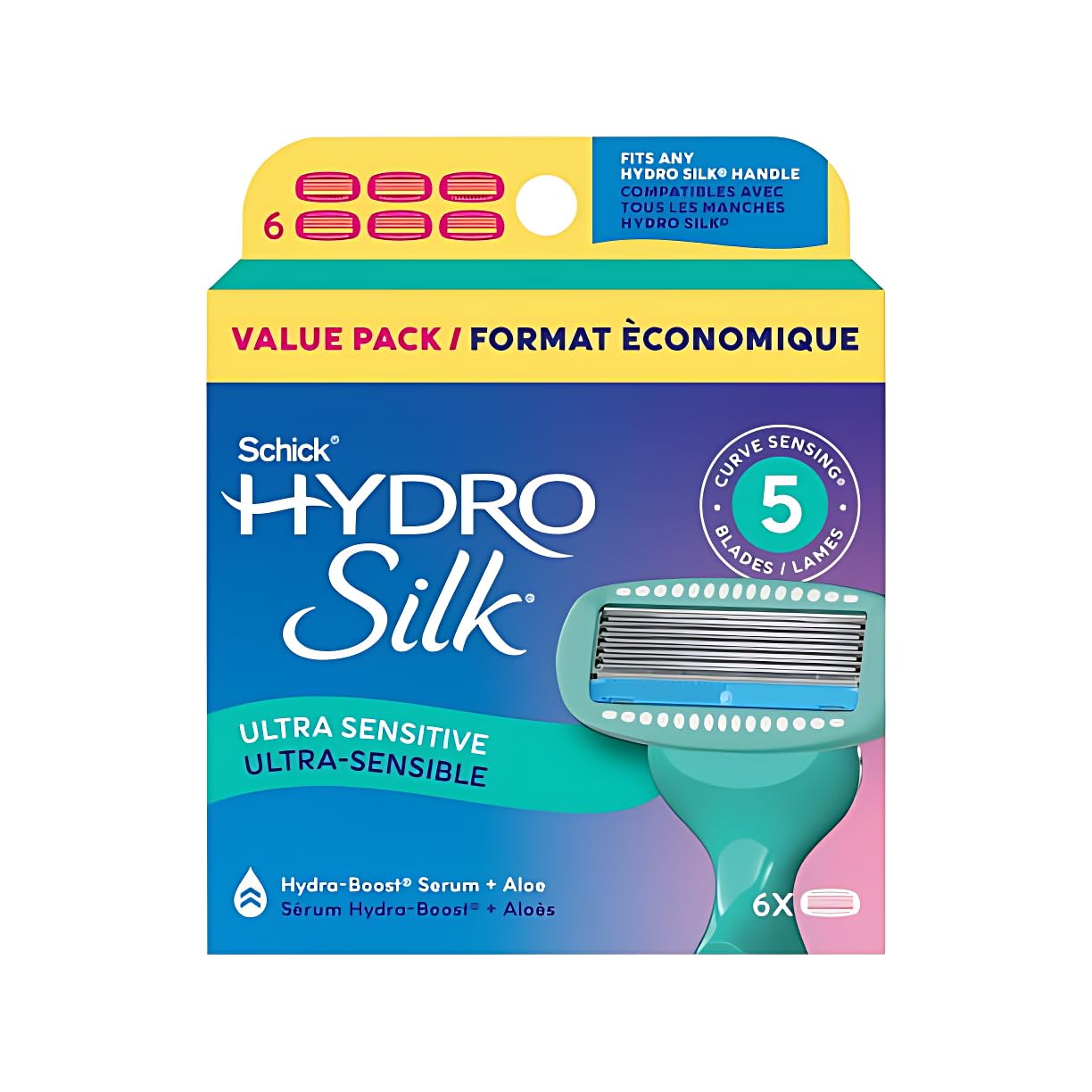 Sensitive Womens Razor Refills, 6 Ct, 5-Blade Razors For Women Sensitive Skin, Water-Activated Hydra-Boost Serum,Waterproof Packaging