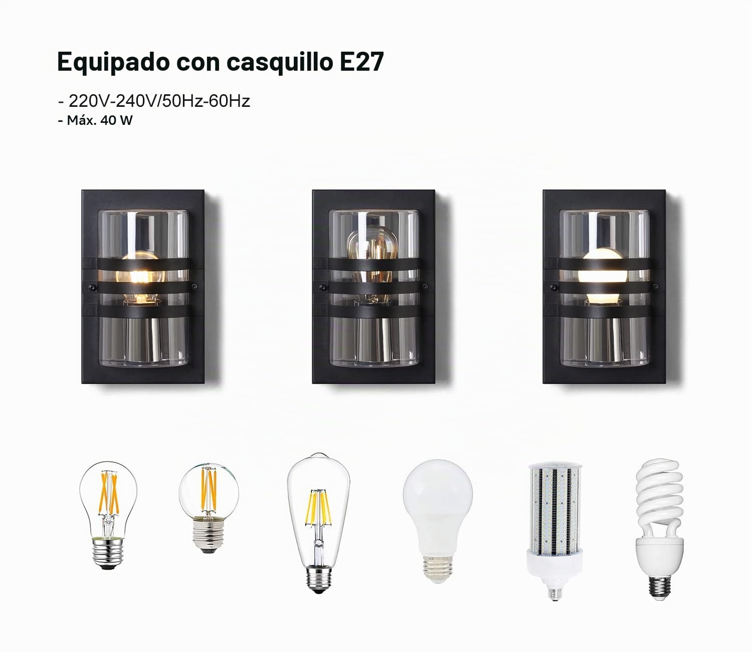 DAWALIGHT Lámpara de Pared Exterior Acero Inoxidable Negro IP44 - Cubierta PC Transparente, Base E27. Ideal para Jardines, Terrazas, Pasillos y Áreas Exteriores Color Negro