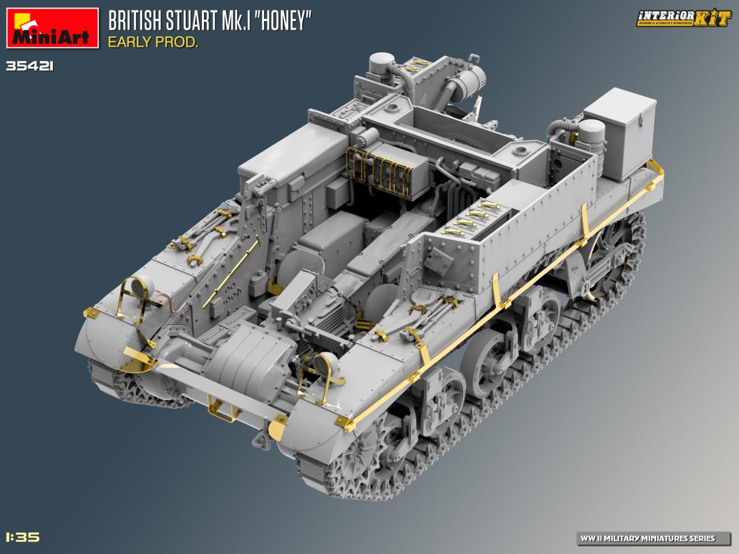 MiniArt 35421 1:35 Brit. Stuart Mk.I con interno – riproduzione fedele all'originale, modellismo, kit di costruzione in plastica, artigianato, hobby, incollaggio, modellismo, assemblaggio, non