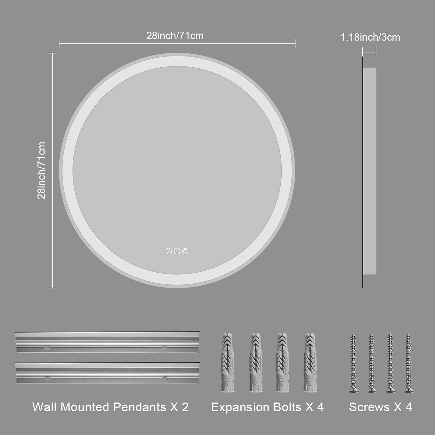 Bathroom Mirror with Lights, 28 Inches Round LED Mirror for Bathroom, Vanity Mirror with Lights, Anti-Fog & 3 Colors, Wall-Mounted Bathroom Mirror (28" L x 28" W)