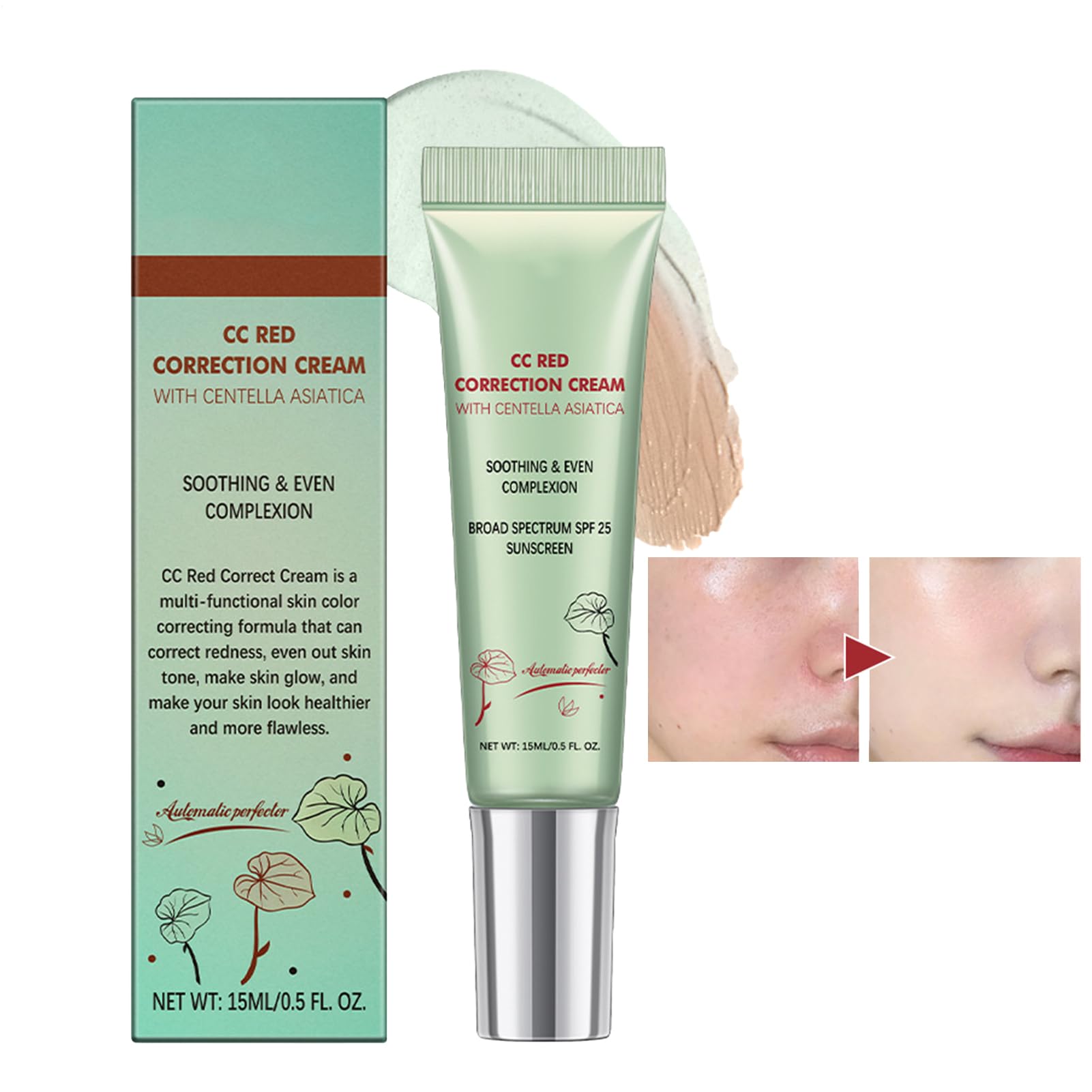 CC Cream Red Correct, Krem przeciw zaczerwienieniom CC z Asiatica, Full Cover Concealer z efektem uspokajającym, kolorowym kremem korygującym dla naturalnie jednolitej ochrony, nawilżający i SPF