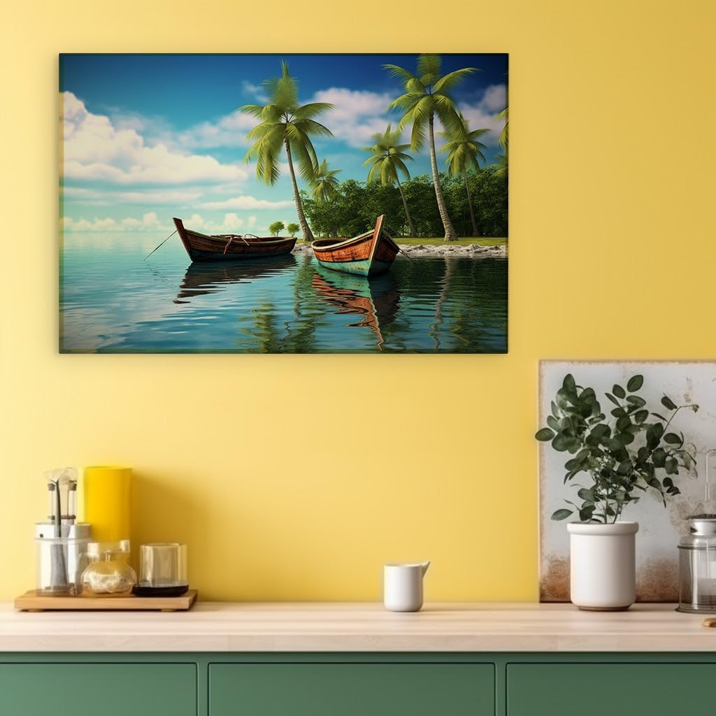 Canvas for Living room. Seaside Serenity: Wooden Boats and Whispering Palms Under a Blissful Blue Sky, 27 x 18 inch Canvas Wall Art - Ready to Hang