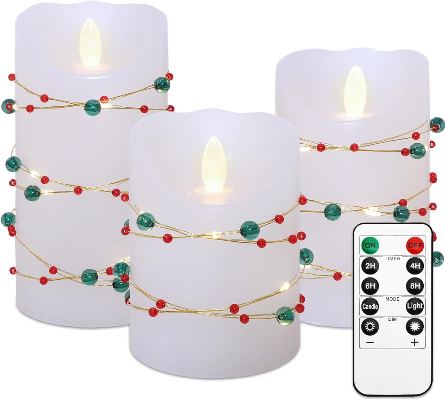 Flameless Candles with Red Green Beads String Lights - Real Wax Christmas Decor Battery Operated Candles with Remote & Timer- Home Party Bedroom Holiday Valentine's Day Decorations - Set of 3