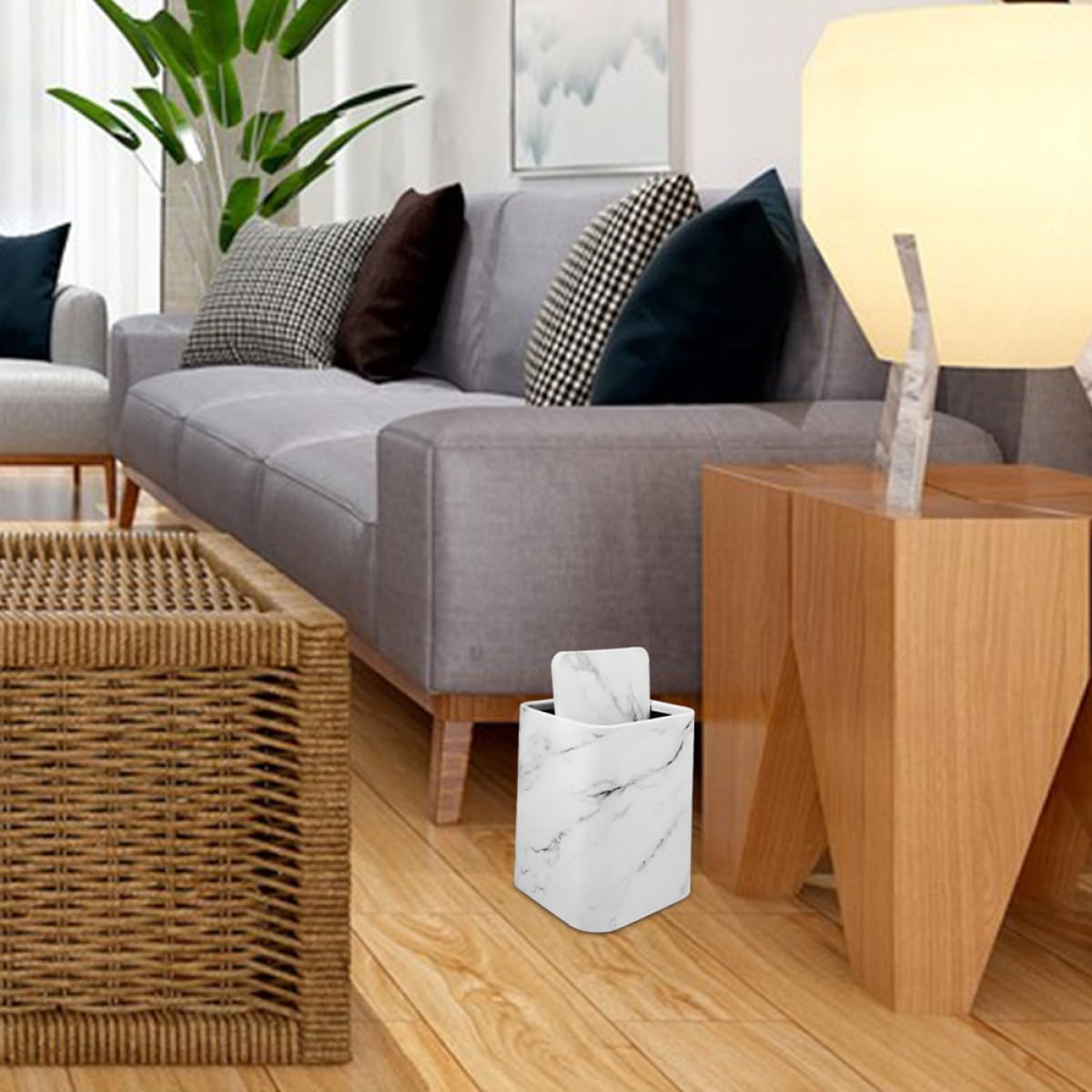 Marble Trash Can with Lid, Large Rectangular Wastebasket for Bathroom and Kitchen, White Marble Pattern Garbage Bin for Home, Office, Dormitory Use