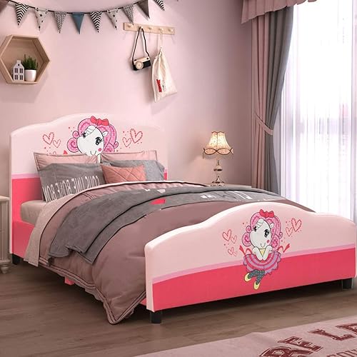 Miniatura 93 de Costzon Base de cama individual para niños, plataforma de cama individual tapizada de madera con soporte de listones, cabecera y estribo acolchados