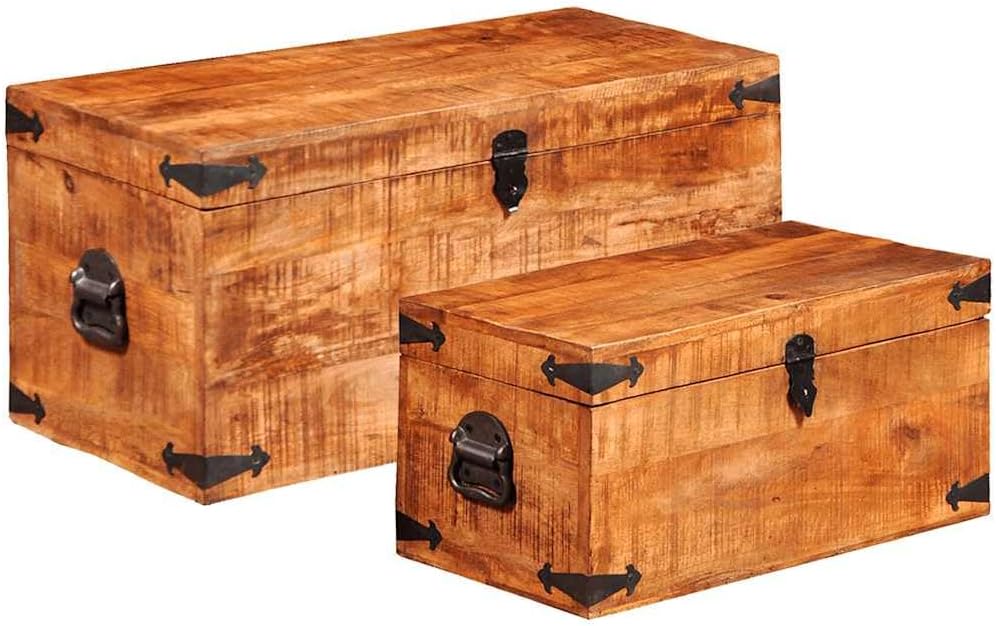 Rustic Storage Chest Set Rough Mango Wood Sturdy Storage Box with Lid Multiple Sizes Included for Living Room Bedroom Home Storage Furniture Organizer